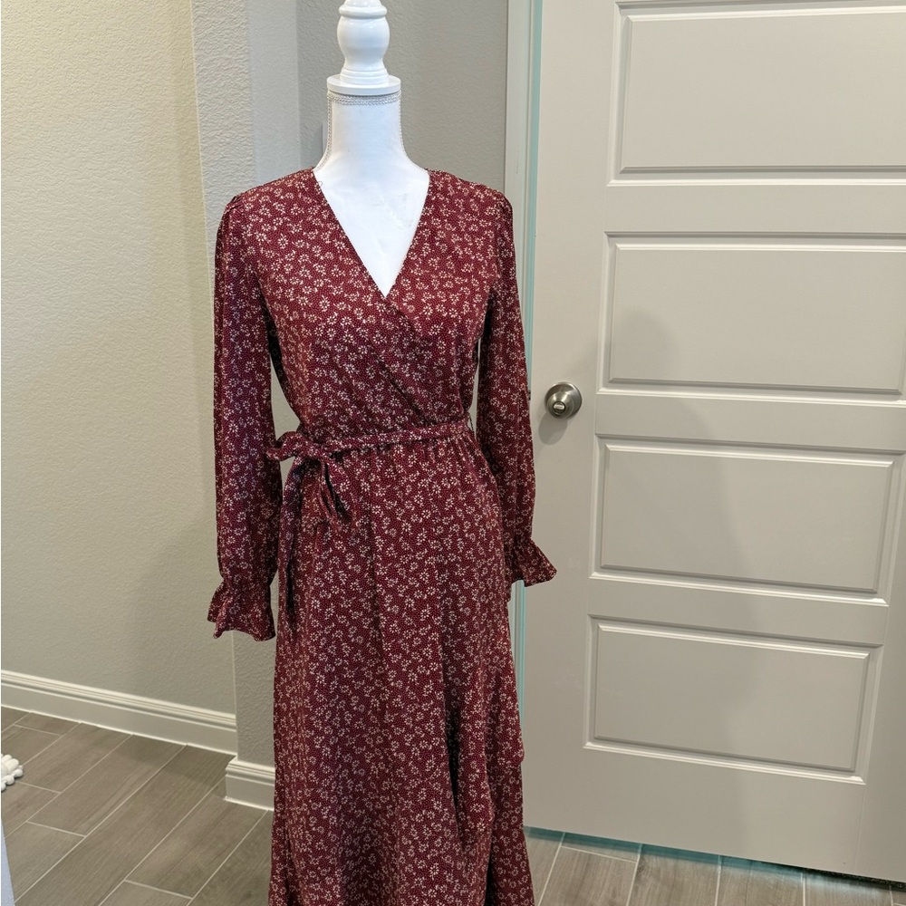 Chic Long Sleeve Burgundy Wrap Dress